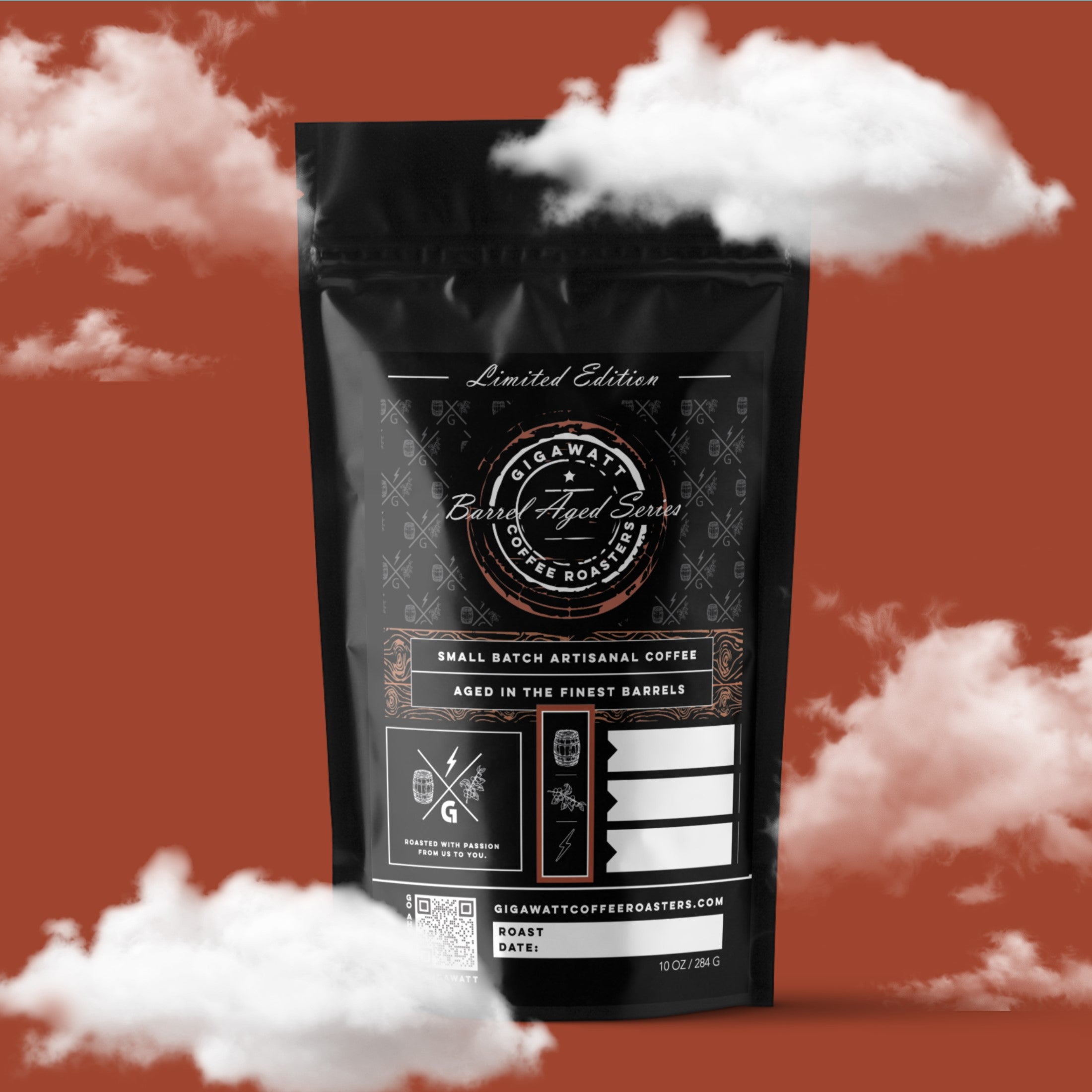 Gigawatt Coffee Barrel Aged Series, freshly roasted, small batch medium roast with smooth, rich taste. Limited release, unique barrel aged coffee, 10 oz, set against a cloud-filled background.