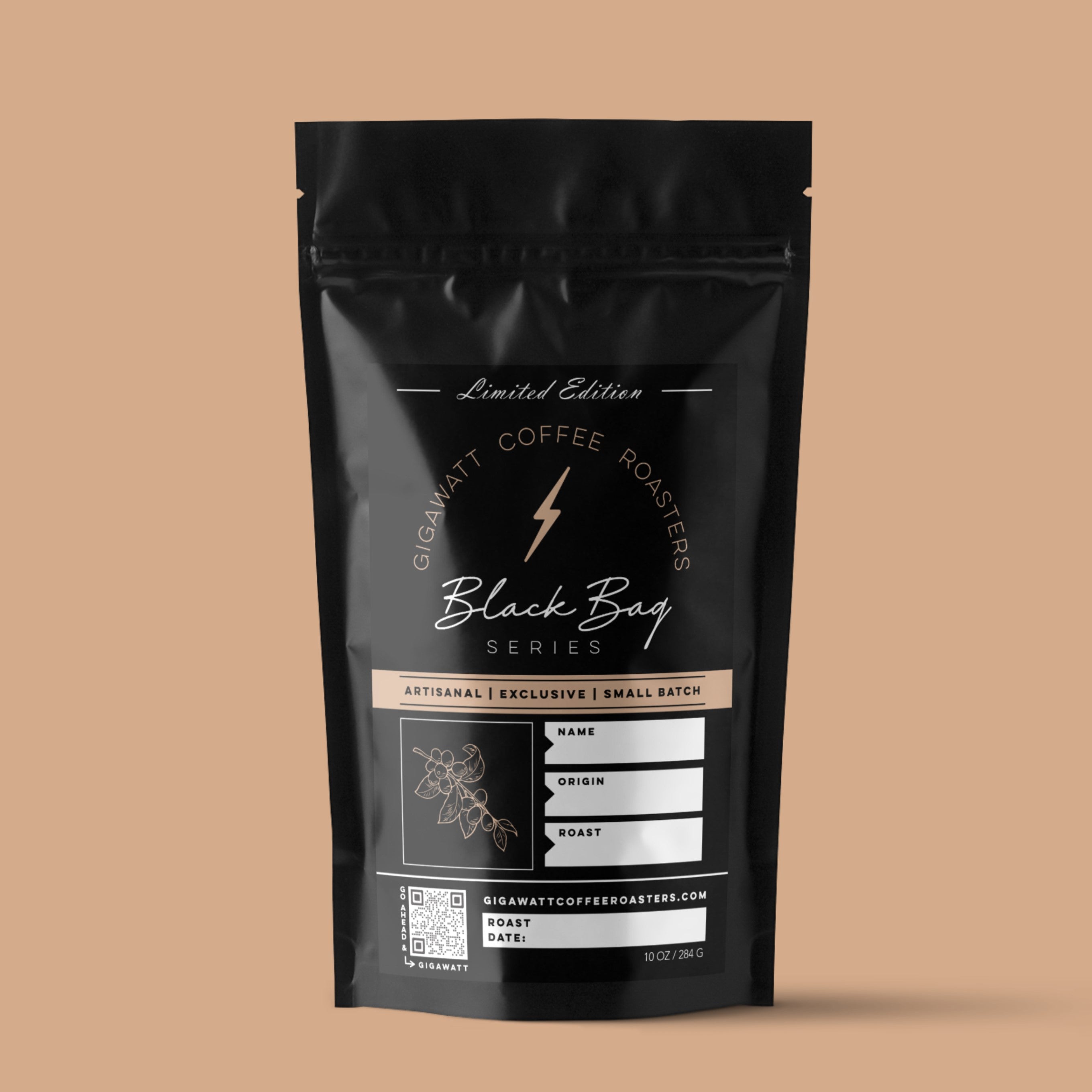 Gigawatt Coffee Black Bag Series, freshly roasted artisanal small batch, medium roast with smooth, well-balanced taste. Limited release, 10 oz.