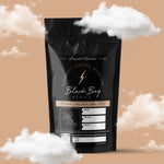 Gigawatt Coffee Black Bag Series, freshly roasted, artisanal small batch medium roast with smooth, well-balanced taste. Limited release, 10 oz, set against a cloud-filled background.