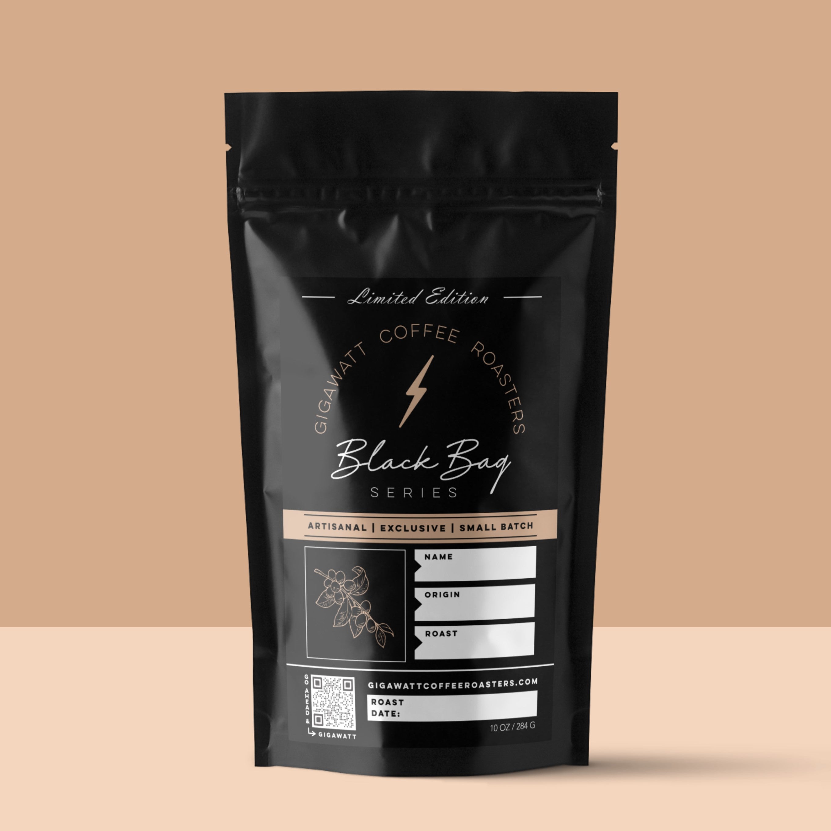 Gigawatt Coffee Black Bag Series, freshly roasted small batch medium roast with smooth, well-balanced taste. Limited release, 10 oz, displayed on a counter.