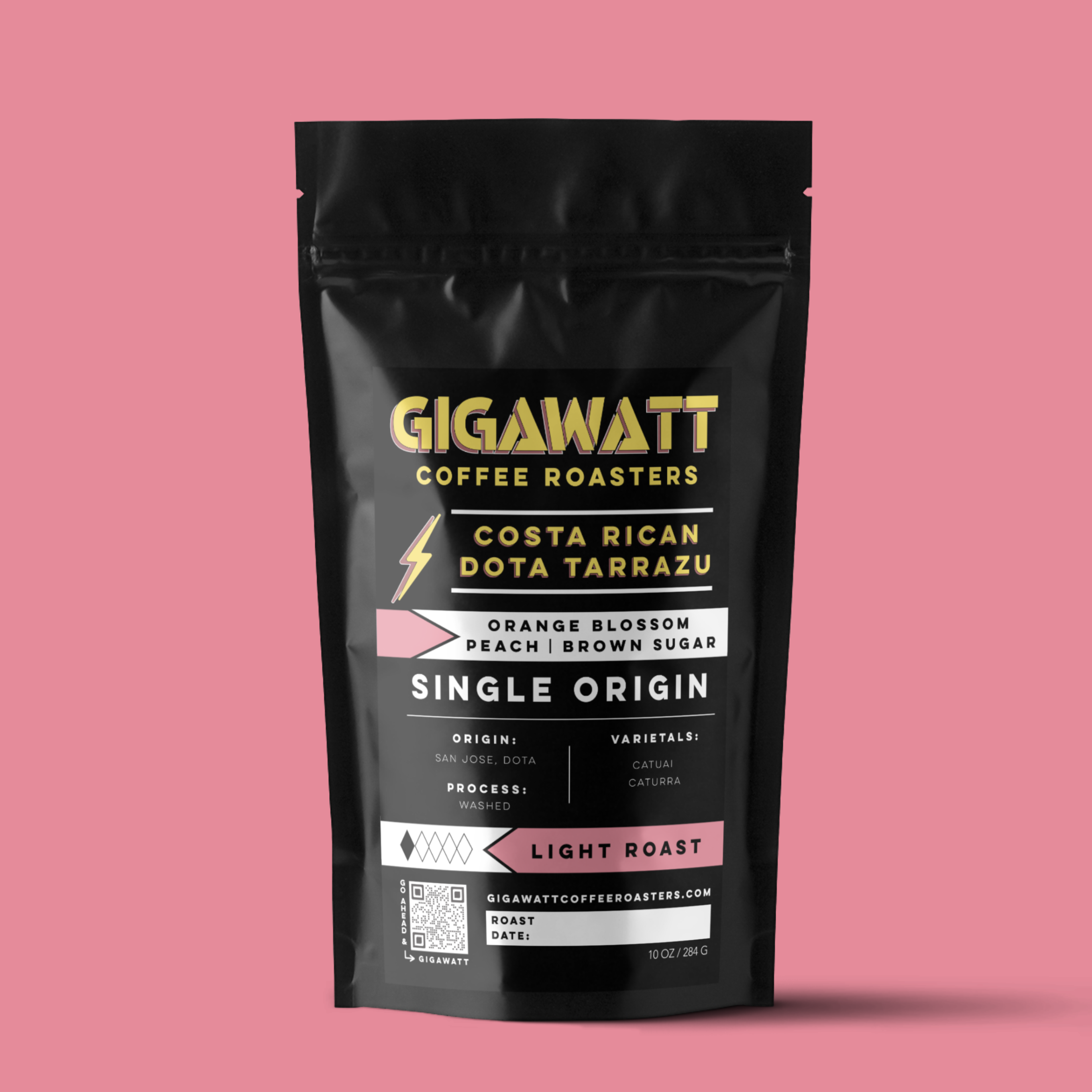 Gigawatt Coffee Costa Rican Dota Tarrazu, freshly roasted and small batch, light roast with smooth taste. Single origin, 10 oz.