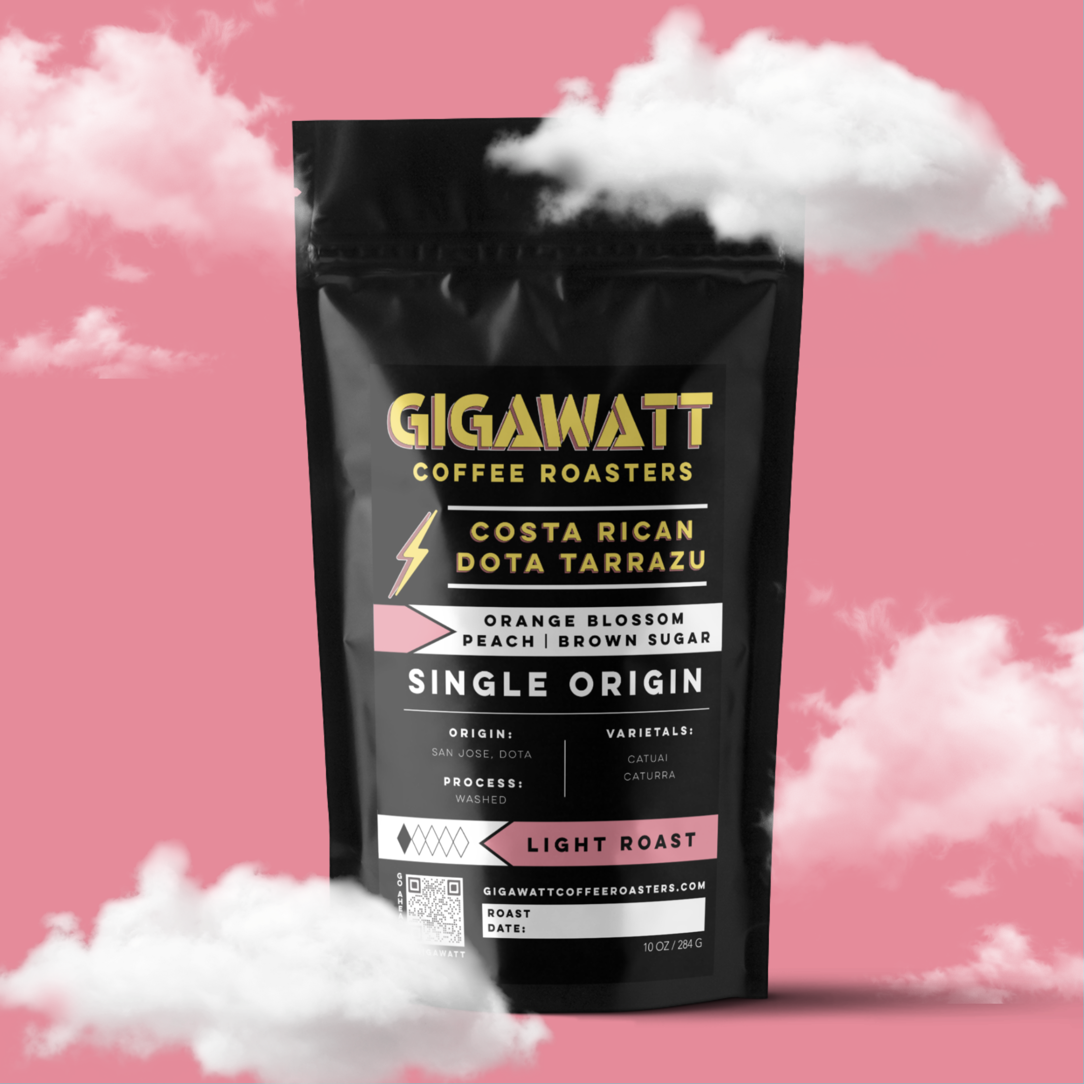 Gigawatt Coffee Costa Rican Dota Tarrazu, freshly roasted, small batch light roast with smooth taste. Single origin, 10 oz, set against a soft cloud background.