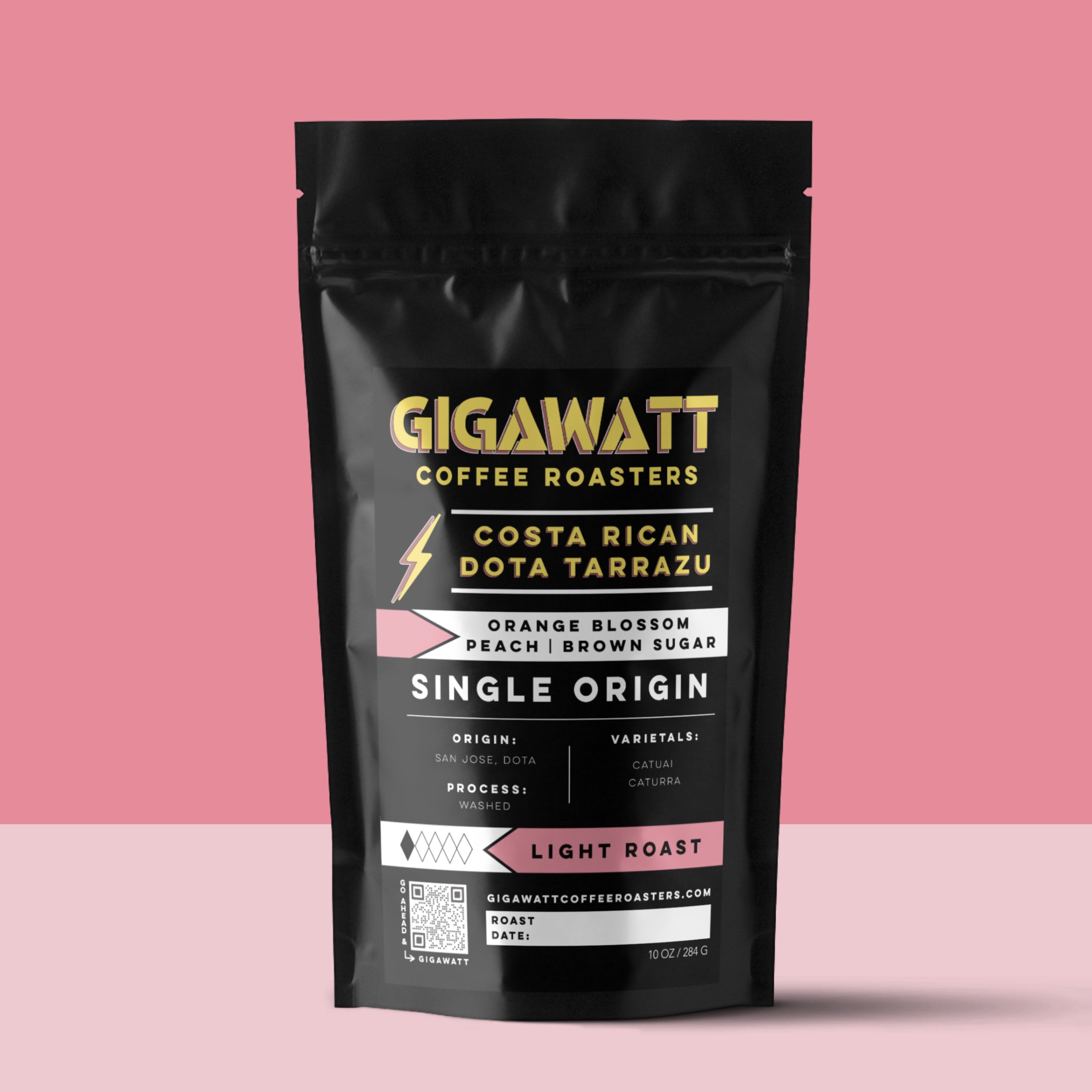 Gigawatt Coffee Costa Rican Dota Tarrazu, freshly roasted small batch light roast with smooth taste. Single origin, 10 oz, displayed on a counter.