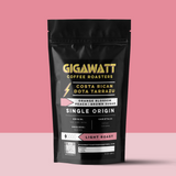 Gigawatt Coffee Costa Rican Dota Tarrazu, freshly roasted small batch light roast with smooth taste. Single origin, 10 oz, displayed on a counter.