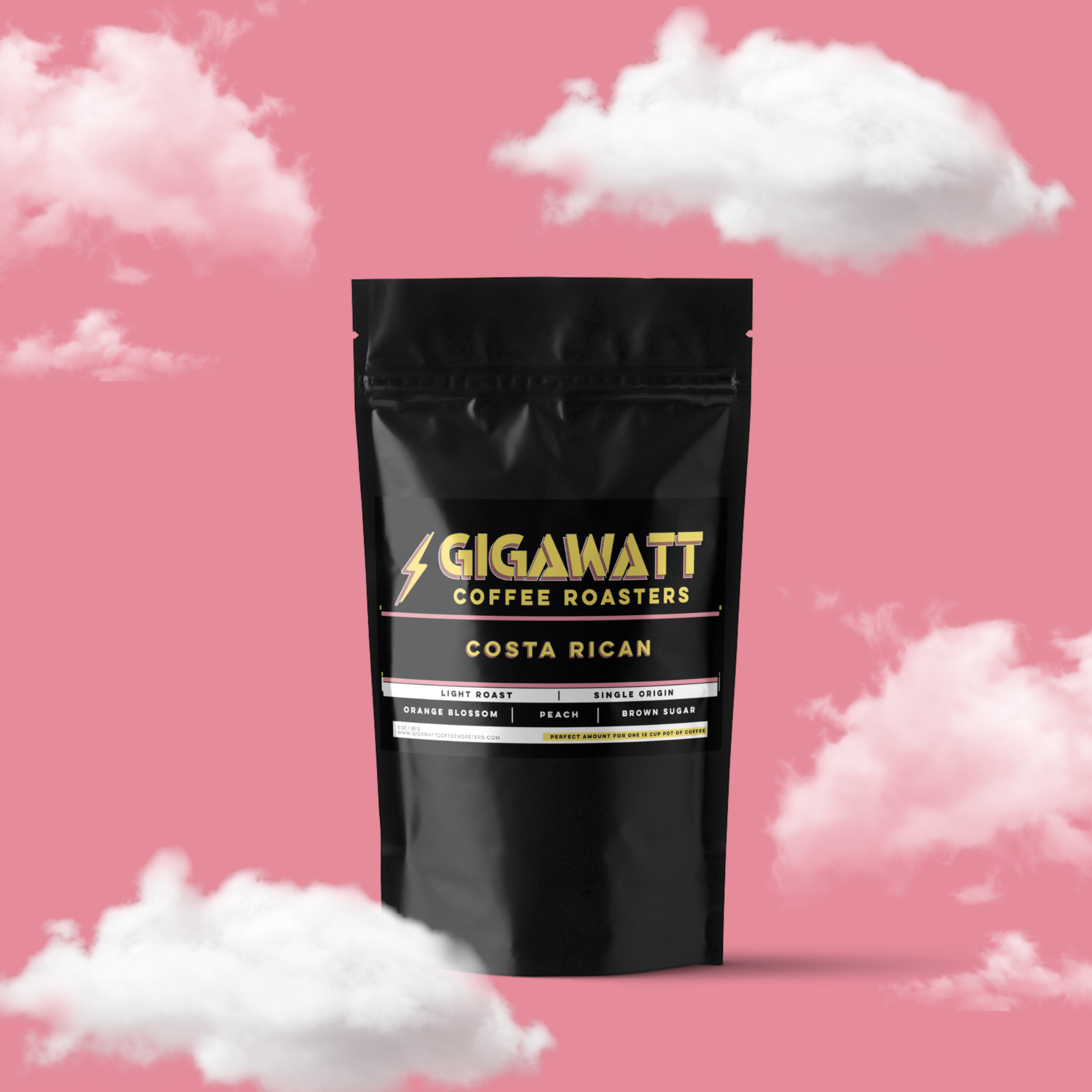 Gigawatt Coffee Costa Rican Tarrazu, light roast coffee with smooth and balanced flavor. 3 oz coffee sampler pack, set against a cloud-filled background.