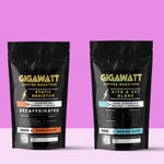 Gigawatt Coffee Half Caff Coffee, bestselling blend of decaf, water processed coffee and medium dark roast, smooth and balanced taste. 10 oz, displayed on a counter.