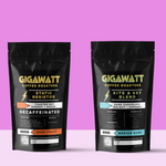 Gigawatt Coffee Half Caff Coffee, bestselling blend of decaf, water processed coffee and medium dark roast, smooth and balanced taste. 10 oz, displayed on a counter.