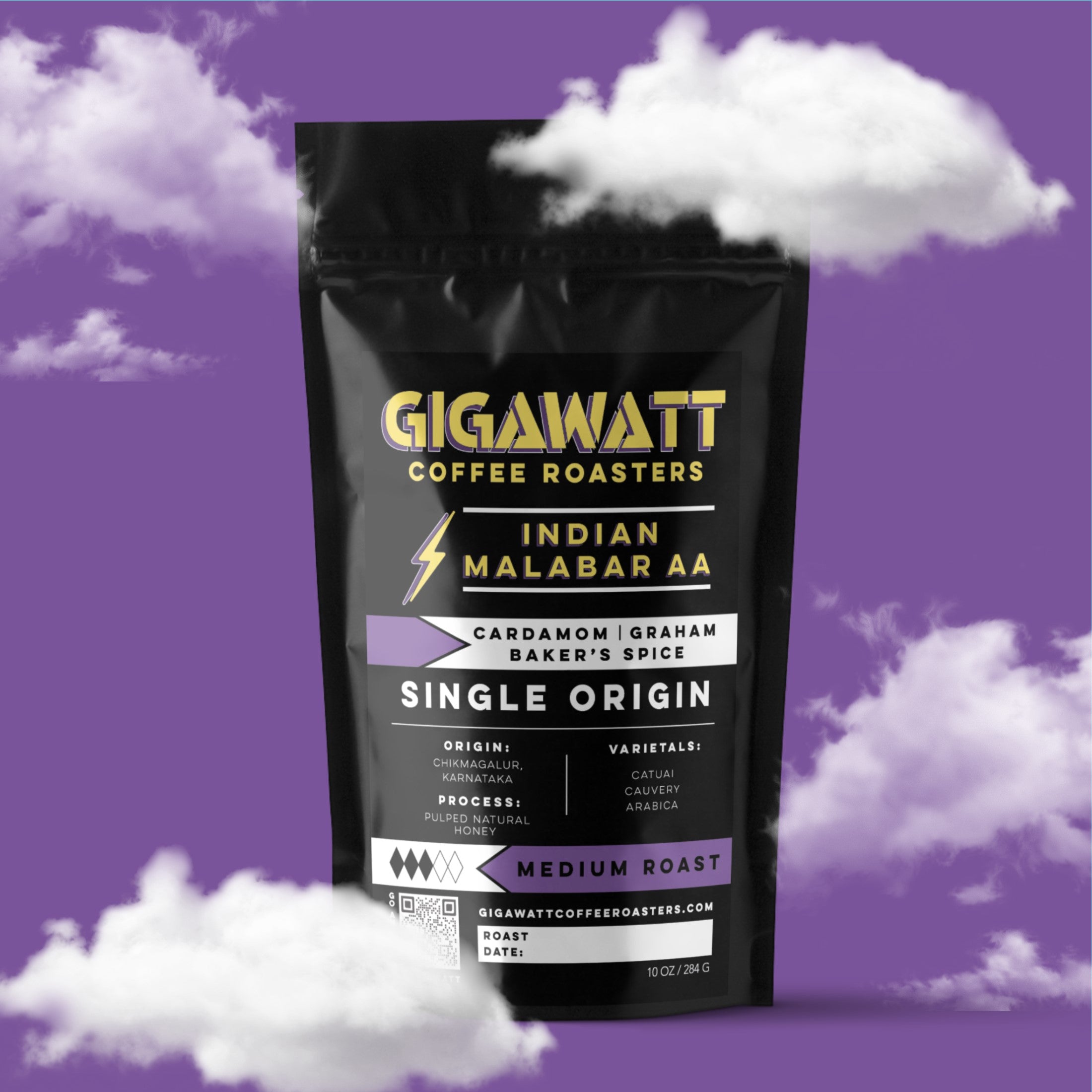 Gigawatt Coffee Indian Malabar AA, freshly roasted, small batch medium roast with smooth taste. Single origin, 10 oz, set against a soft cloud background.