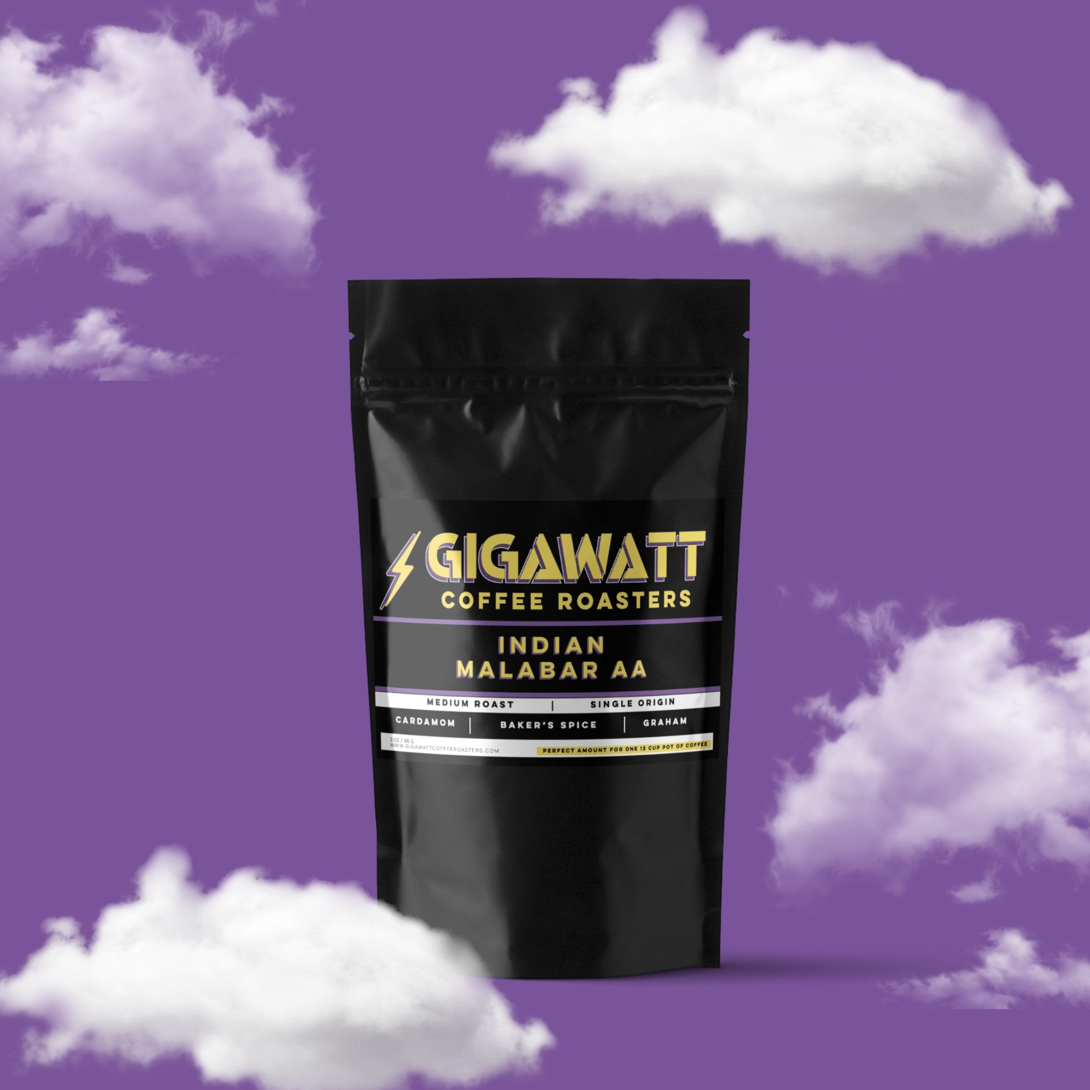 Gigawatt Coffee Indian Malabar Coffee AA, medium roast coffee with smooth, full-bodied flavor. 3 oz coffee sampler pack, set against a cloud-filled background.