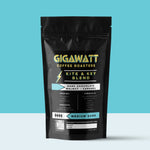 Gigawatt Coffee Kite & Key Blend, best-selling medium dark roast, freshly roasted small batch with smooth, well-balanced taste. 10 oz, displayed on a counter.