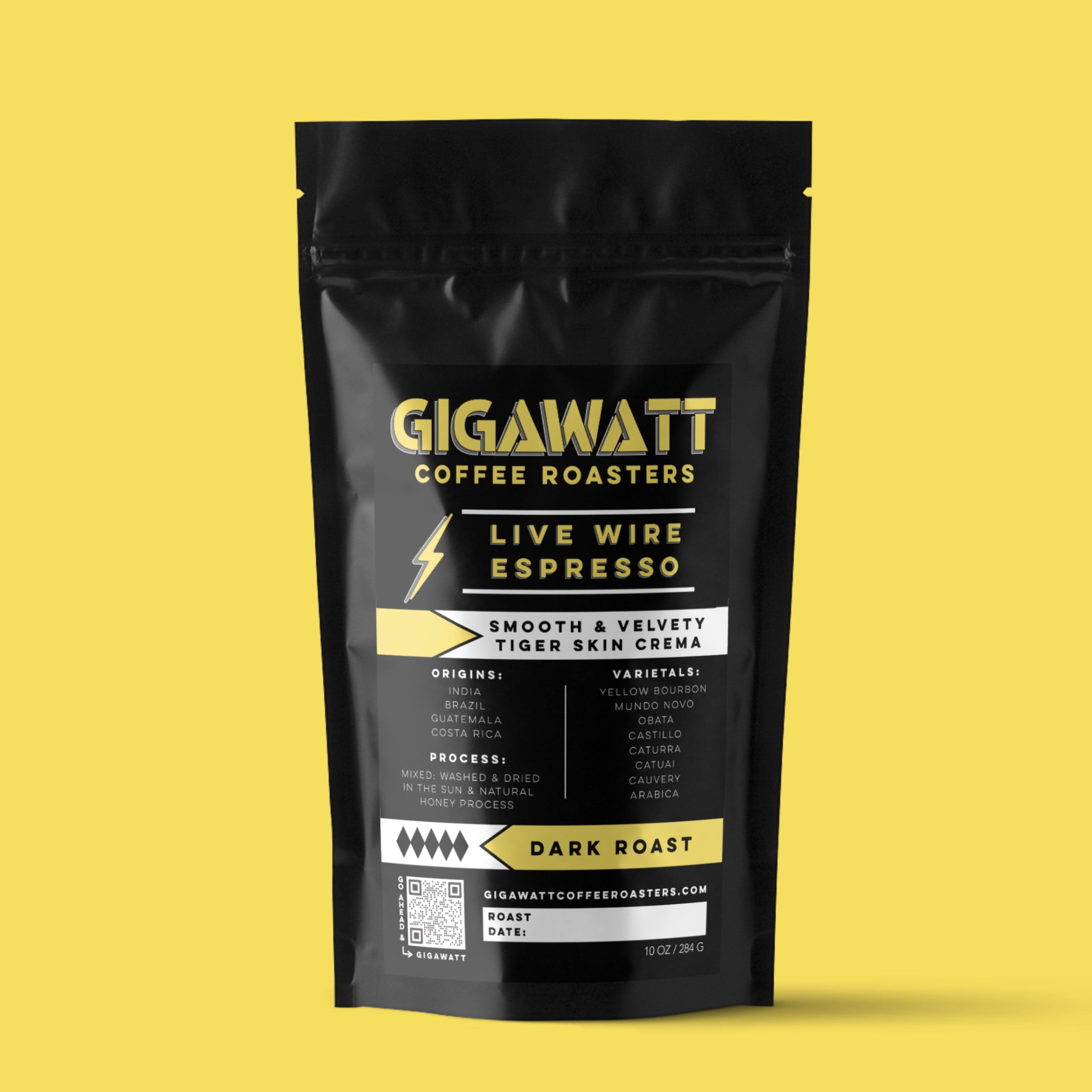 Gigawatt Coffee Live Wire Espresso Blend, freshly roasted and small batch, dark roast with smooth, balanced taste. Arabica espresso blend, 10 oz, perfect for espresso coffee.