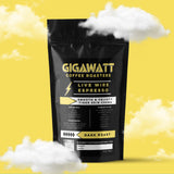 Gigawatt Coffee Live Wire Espresso Blend, freshly roasted, small batch dark roast with smooth, balanced taste. Arabica espresso blend, 10 oz, set against a cloud-filled background, ideal for espresso coffee.