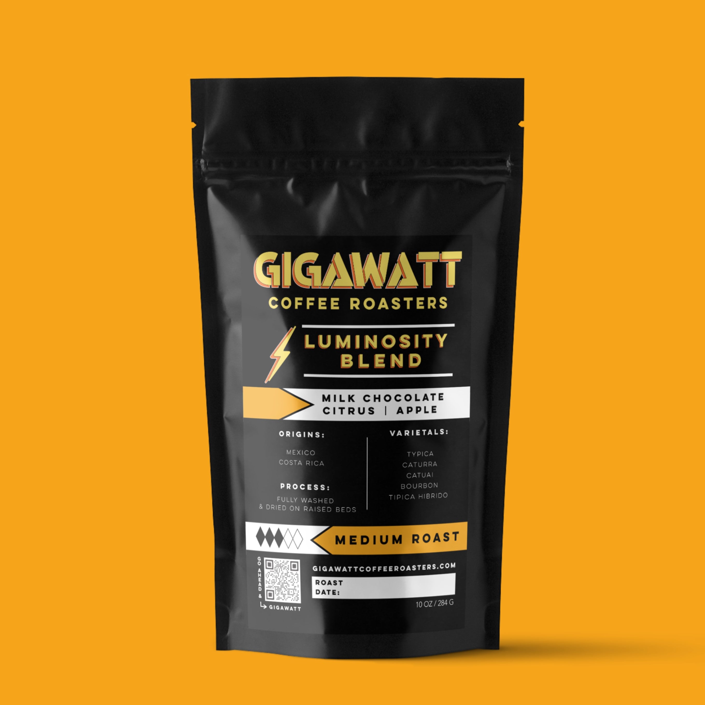 Gigawatt Coffee Luminosity Breakfast Blend Coffee, freshly roasted and small batch, medium roast with smooth taste. Breakfast blend coffee, 10 oz.