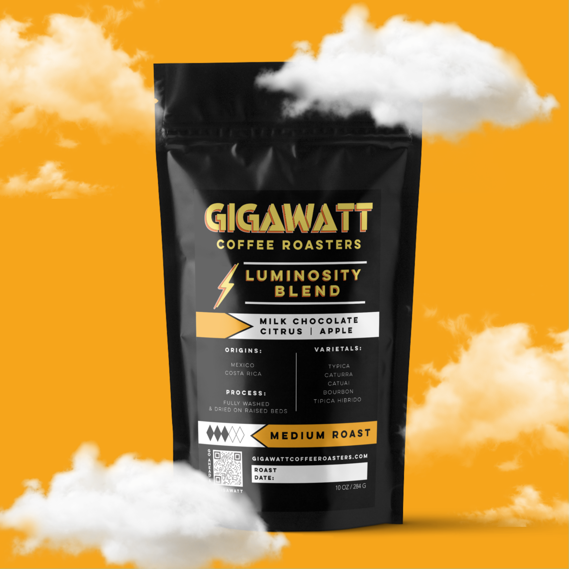 Gigawatt Coffee Luminosity Breakfast Blend Coffee, freshly roasted, small batch medium roast with smooth taste. Breakfast blend coffee, 10 oz, set against a cloud-filled background.