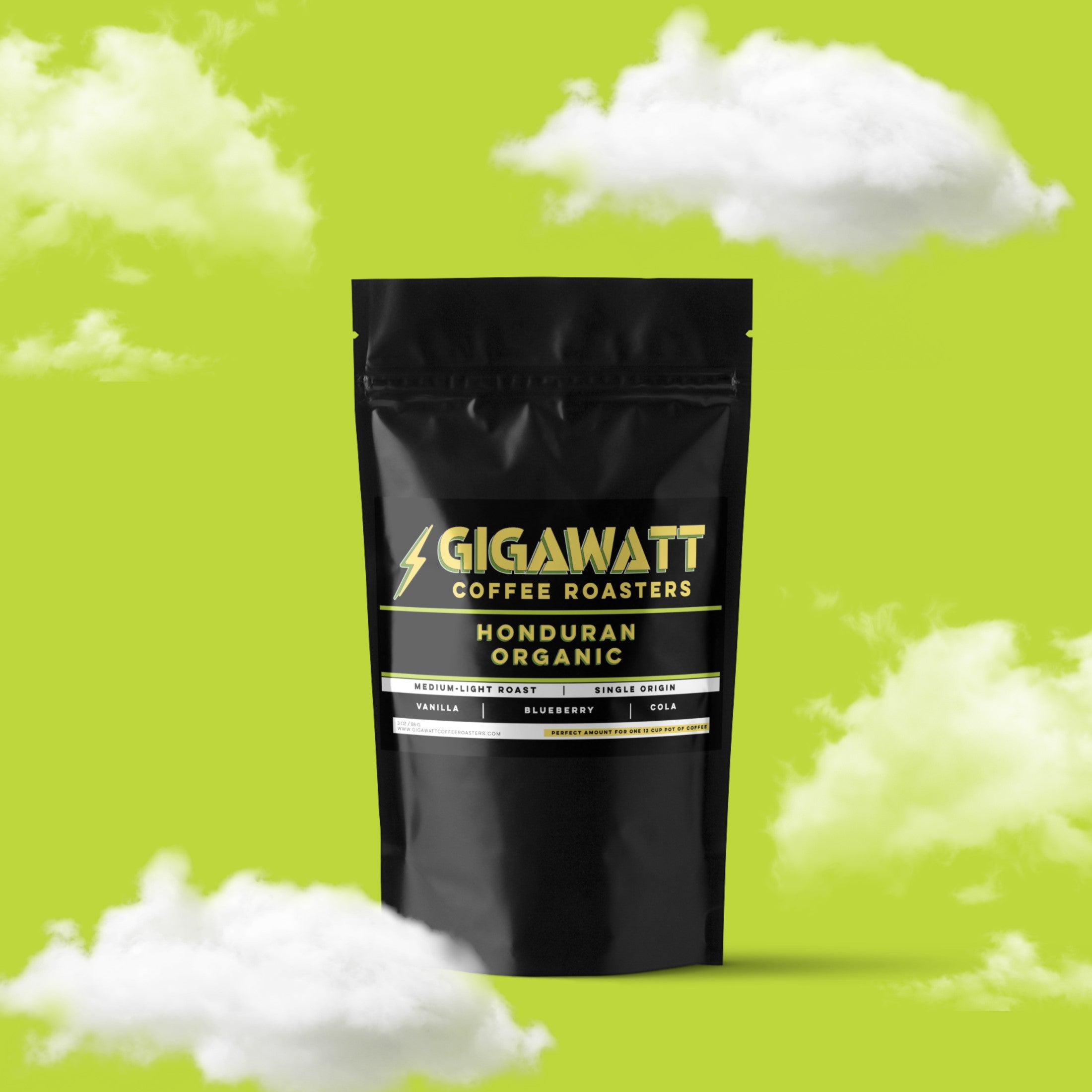 Gigawatt Coffee Organic Honduran Coffee, medium light roast blueberry coffee with smooth and vibrant flavors. 3 oz coffee sampler pack, set against a cloud-filled background.