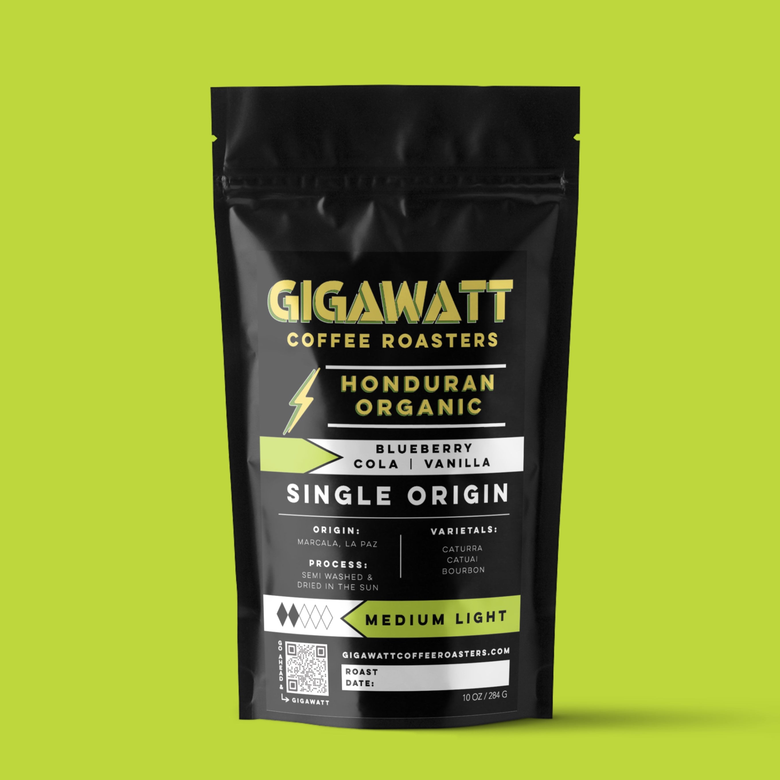 Gigawatt Coffee Organic Honduran Coffee, freshly roasted and small batch, medium light roast with hints of blueberry. 10 oz.