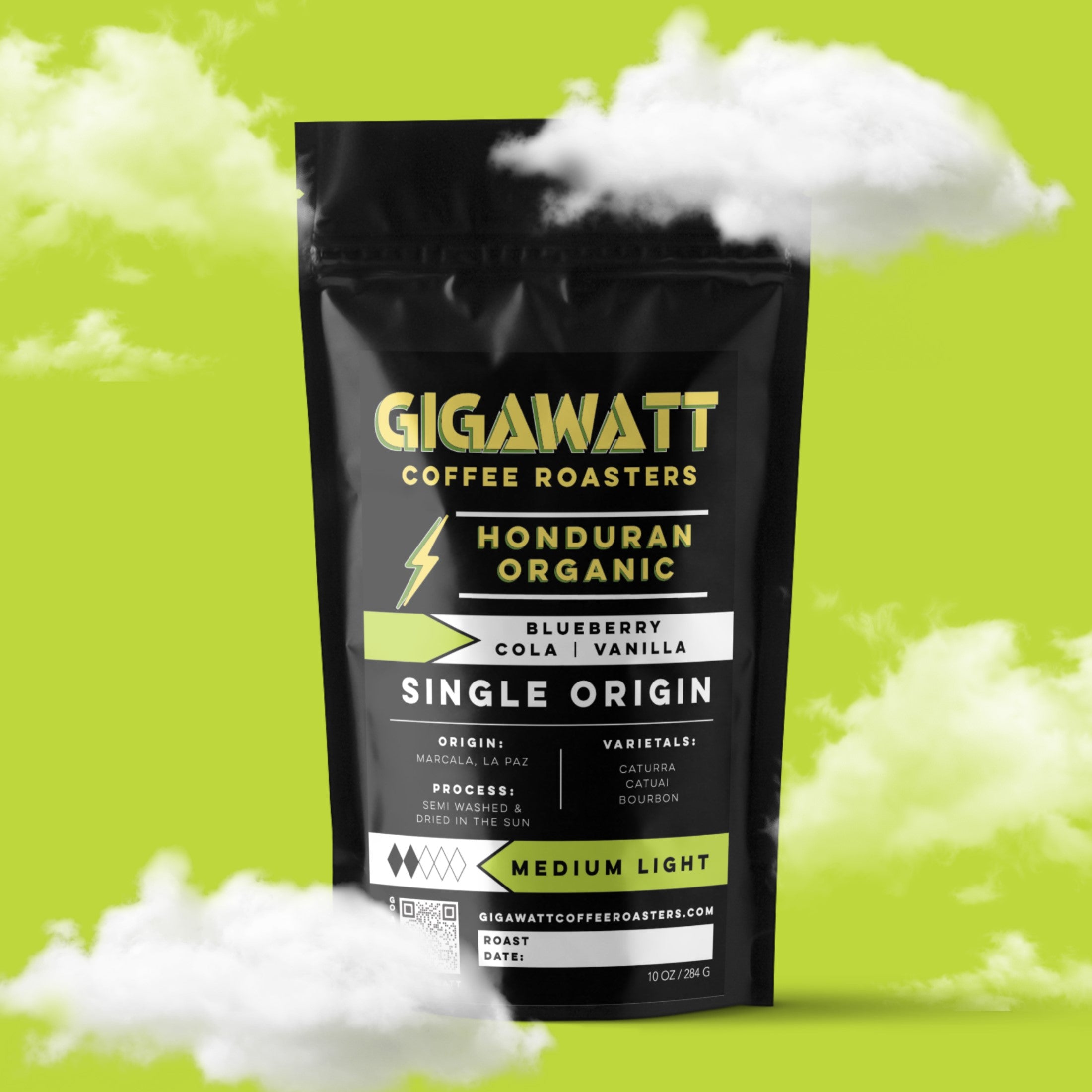 Gigawatt Coffee Organic Honduran Coffee, freshly roasted, small batch, medium light roast with blueberry hints. 10 oz, set against a soft cloud background.