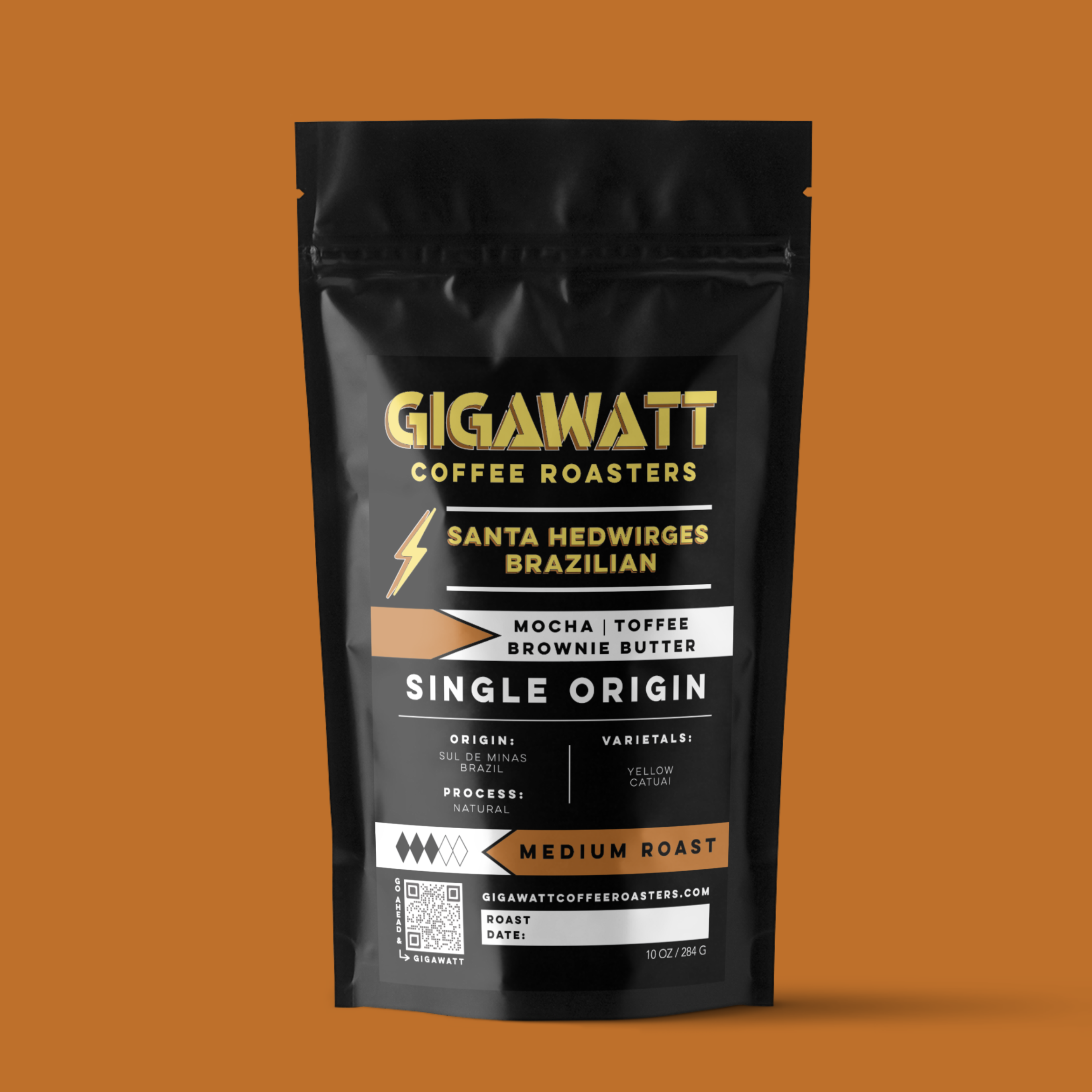 Gigawatt Coffee Santa Hedwirges Brazilian Coffee, freshly roasted and small batch, medium roast with smooth, well-rounded taste. Single origin from Brazil, 10 oz.