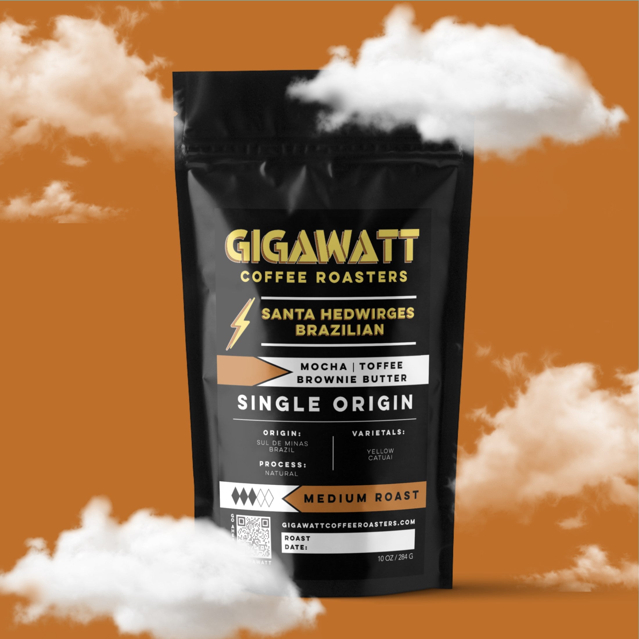 Gigawatt Coffee Santa Hedwirges Brazilian Coffee, freshly roasted, small batch medium roast with smooth, well-rounded taste. Single origin from Brazil, 10 oz, set against a cloud-filled background.