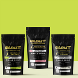 Gigawatt Coffee Single Origin Coffee Sampler Pack, 3 bags of Organic Honduran, Wahgi Valley Papua New Guinea, and Costa Rican Tarrazu coffee, medium light roast and light roast, displayed on a counter.