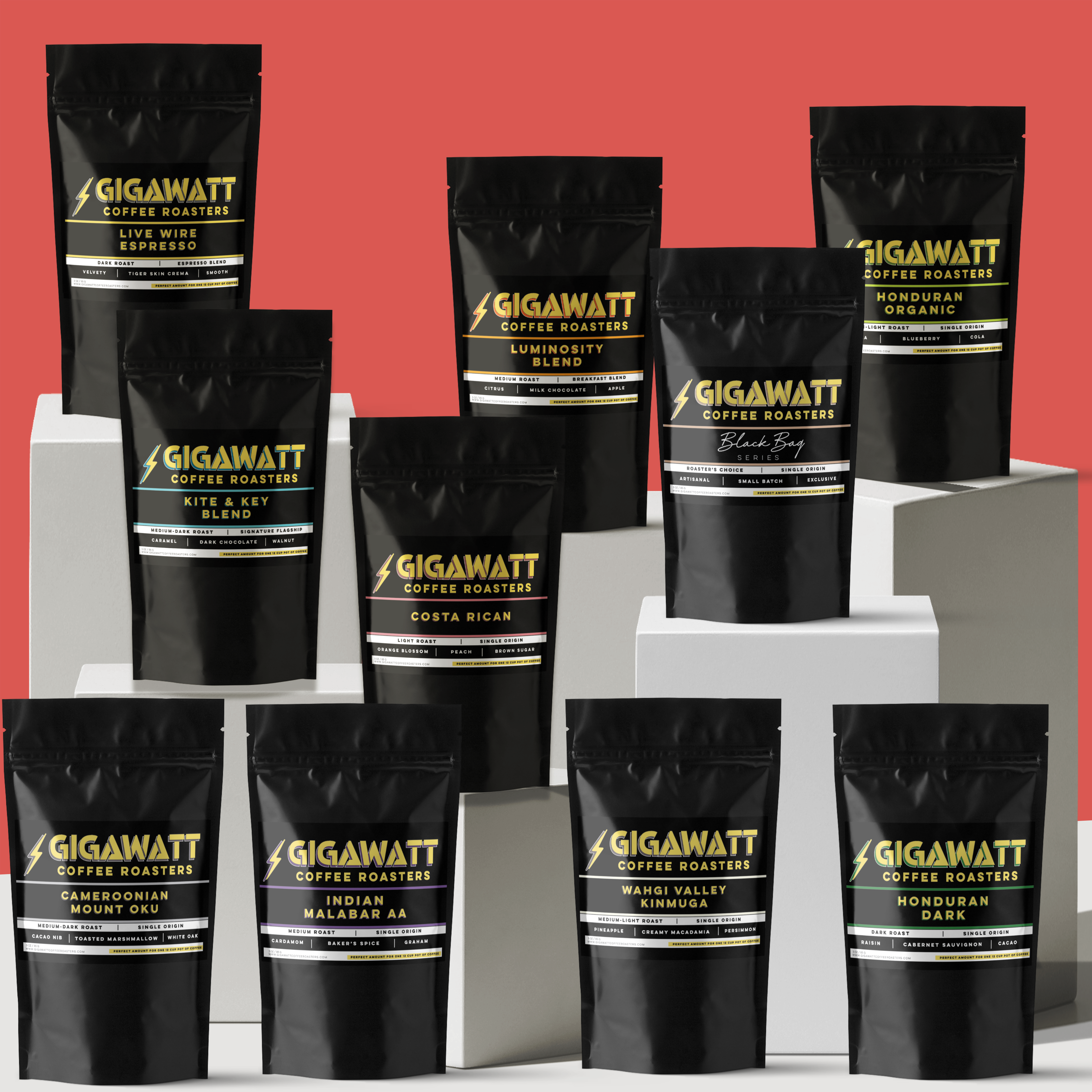 Gigawatt Coffee Super Sampler Coffee Sampler Gift Packs, featuring 10 mini 3oz bags of our premium coffee blends and single origin coffees. A perfect gift for coffee lovers to explore a variety of flavors