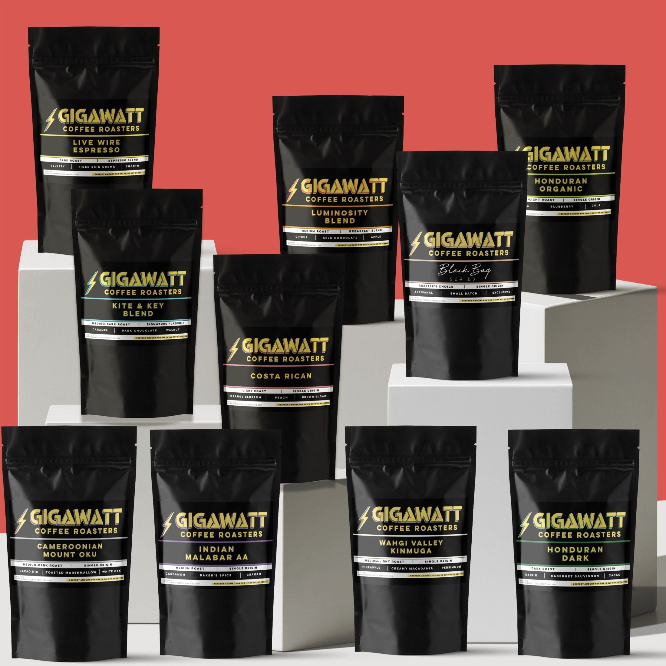 Gigawatt Coffee Super Sampler Coffee Sampler Gift Packs, featuring 10 mini 3oz bags of our premium coffee blends and single origin coffees. A perfect gift for coffee lovers to explore a variety of flavors.